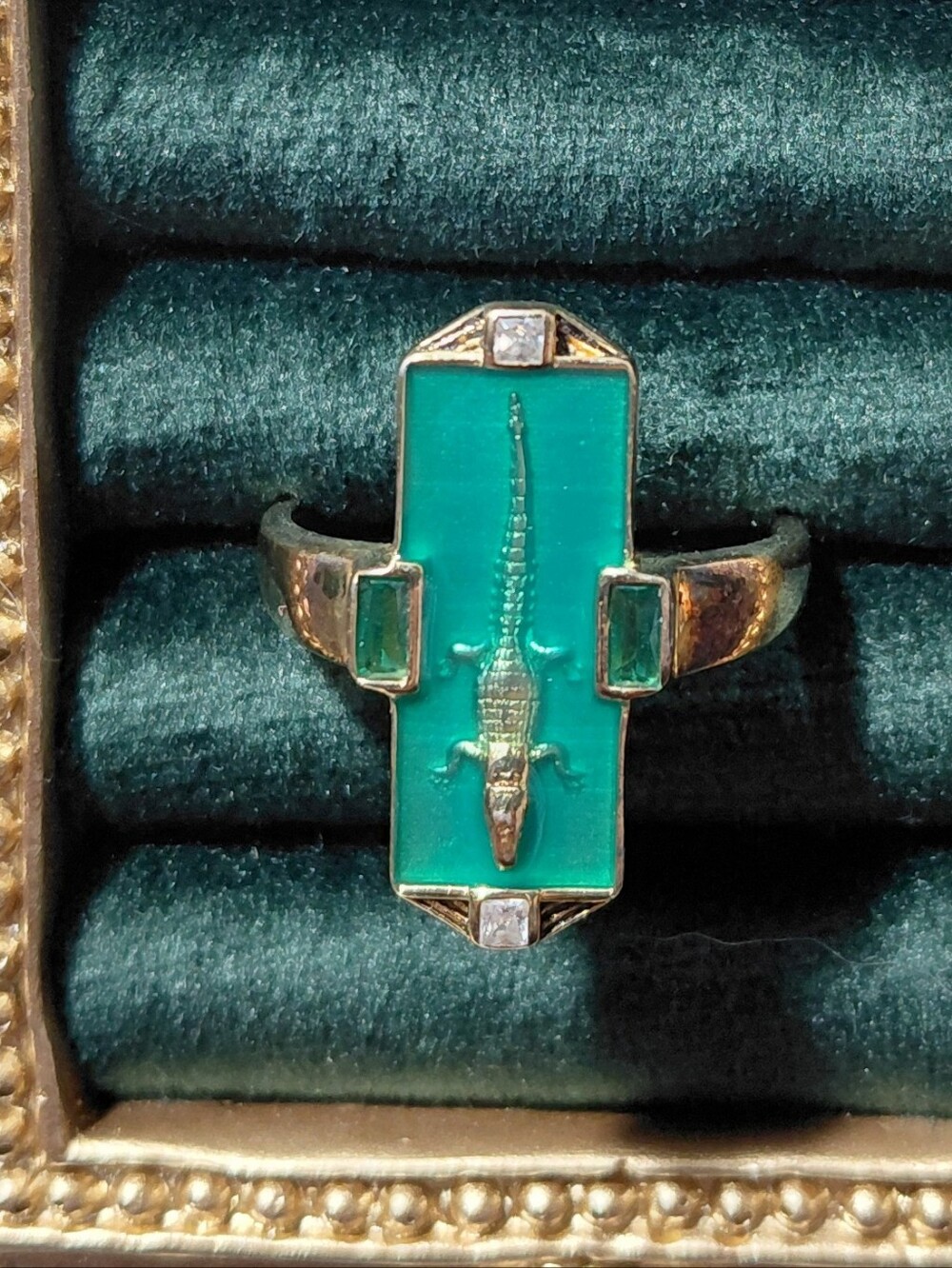 Gold Ring with Turquoise Green Inlay and Cross Accent - Picture 13 of 14